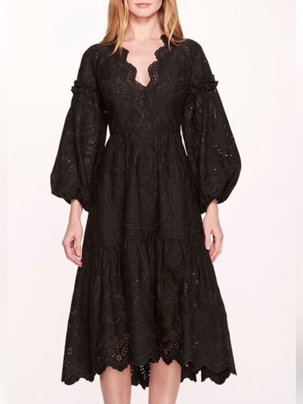 MARCHESA ROSA NOLANA BLACK EYELET LACE PUFF SLEEVE COTTON MIDI DRESS R68DM3504